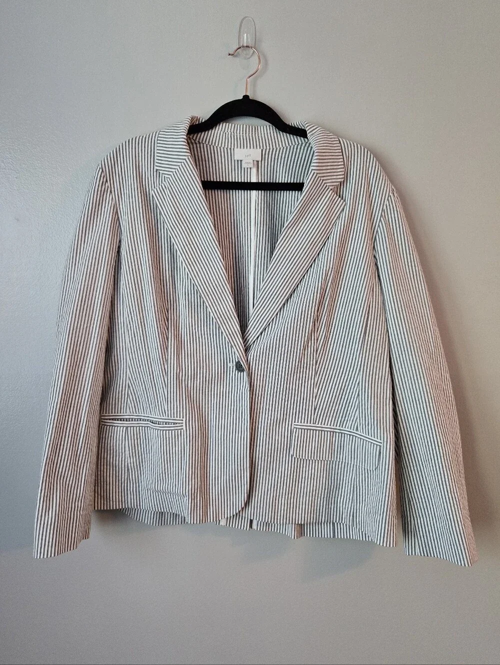 J. Jill Seersucker Blazer Jacket Large Gray White Pinstripe Striped One Button